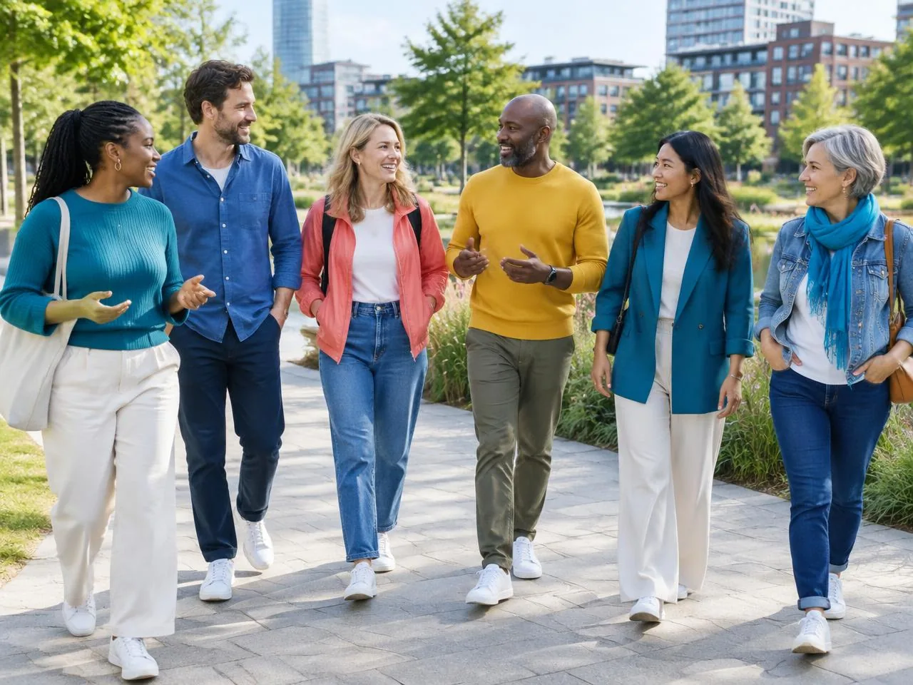 A diverse group of Claritee community members walking and talking together