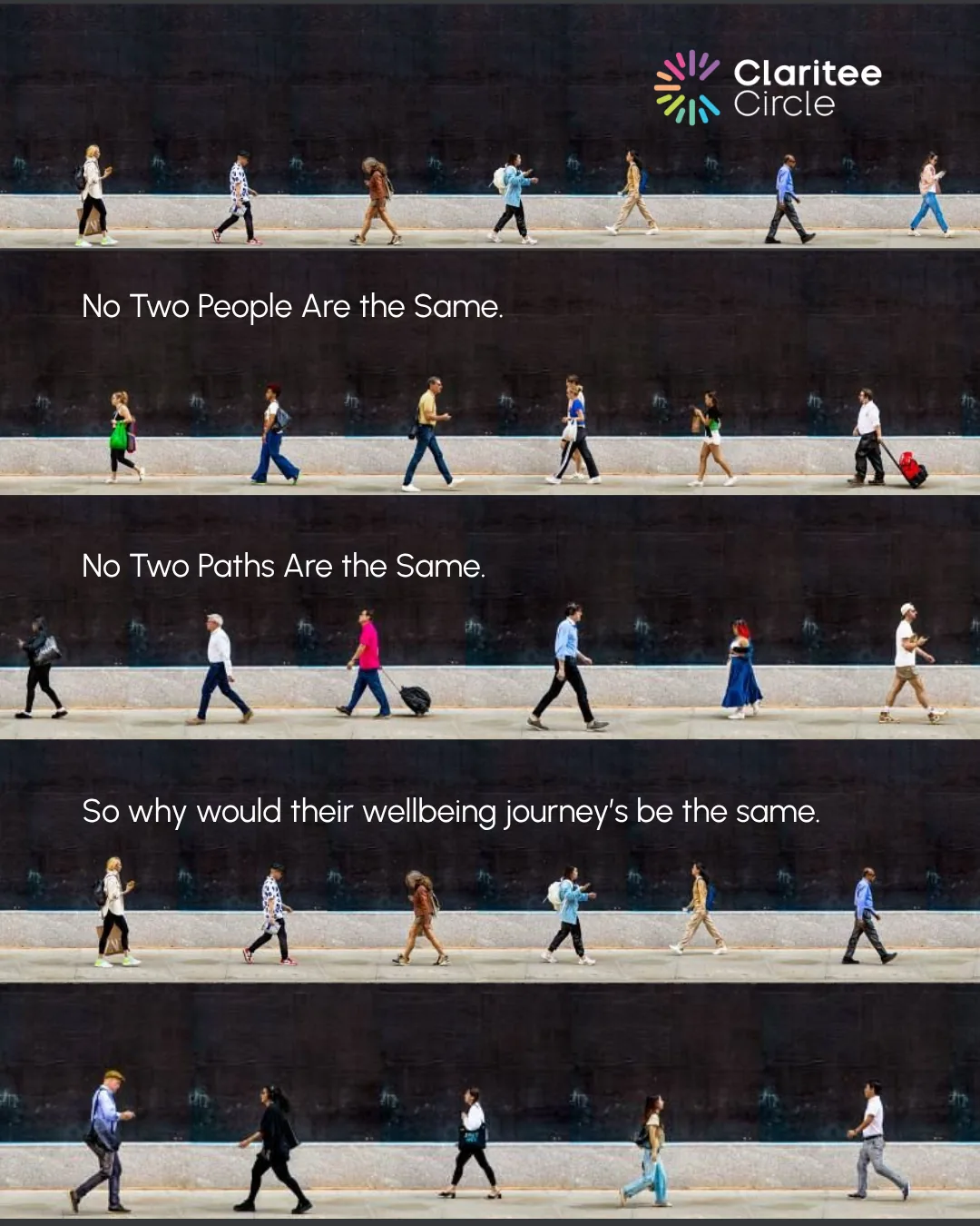People walking their own paths, with the words No two people are the same, no two paths are the same, so why would their wellbeing journeys be the same